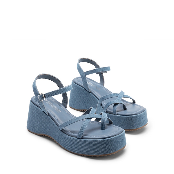 Platform Cork Wedge Sandals - DENIM BLUE - 5